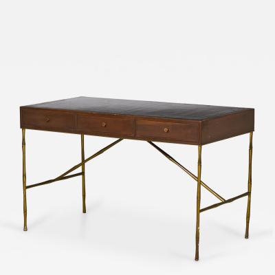  Baker Furniture Company Baker Furniture American Mid Century Walnut Leather and Brass Faux Bamboo Desk