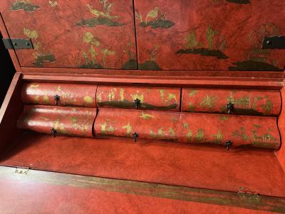  Baker Furniture Company EXCEPTIONAL RED GOLD LACQUER SCENIC CHINOISERIE SECRETARY DESK BY BAKER