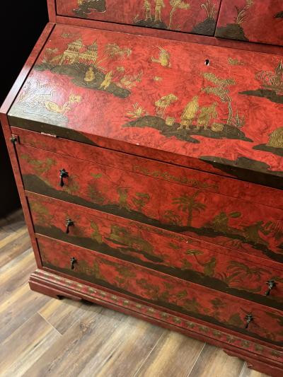  Baker Furniture Company EXCEPTIONAL RED GOLD LACQUER SCENIC CHINOISERIE SECRETARY DESK BY BAKER