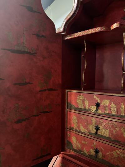  Baker Furniture Company EXCEPTIONAL RED GOLD LACQUER SCENIC CHINOISERIE SECRETARY DESK BY BAKER