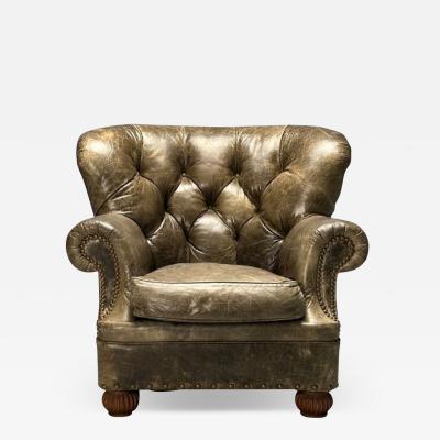  Baker Furniture Company Georgian Chesterfield Oversized Lounge Chair Tufted Green Leather