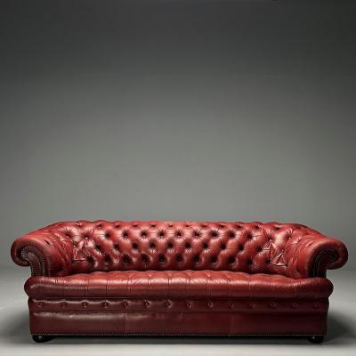  Baker Furniture Company Georgian Chesterfield Sofa Tufted Red Distressed Leather Bun Feet 2000s