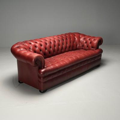  Baker Furniture Company Georgian Chesterfield Sofa Tufted Red Distressed Leather Bun Feet 2000s