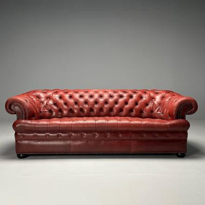 Baker Furniture Company Georgian Chesterfield Sofa Tufted Red Distressed Leather Bun Feet 2000s