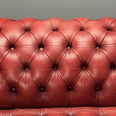  Baker Furniture Company Georgian Chesterfield Sofa Tufted Red Distressed Leather Bun Feet 2000s