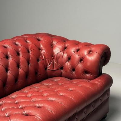  Baker Furniture Company Georgian Chesterfield Sofa Tufted Red Distressed Leather Bun Feet 2000s