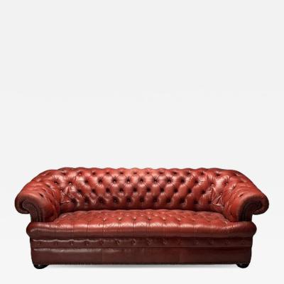  Baker Furniture Company Georgian Chesterfield Sofa Tufted Red Distressed Leather Bun Feet 2000s