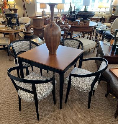  Baker Furniture Company Midcentury Baker Ebonized Oak Game Table and Four Barrel back Chairs