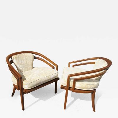  Baker Furniture Company Pair of Mahogany Armchairs by Baker with Jack Lenor Larsen Textile