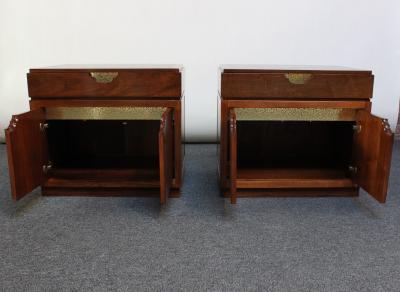  Baker Furniture Company Pair of Vintage Walnut and Brass Nightstands by Baker