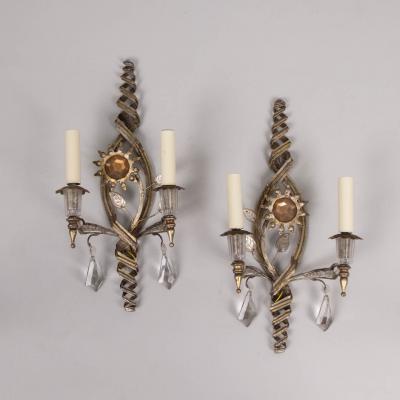  Banci Firenze Pair of 1970s wall alights with gold and silver applique flowers