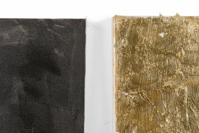  Barbara Kiskovski Barbara Kiskovski Contemporary Abstract Diptych Paintings of Gold Leaf Shapes on