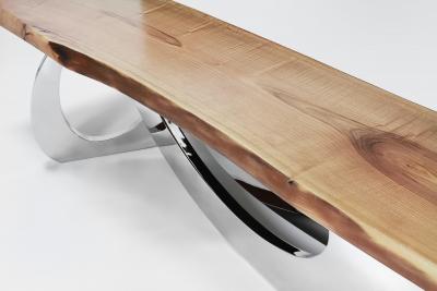 Barberini Gunnell Bench in polished stainless steel chrome effect and slab wood made in Italy