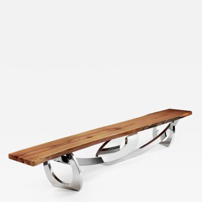  Barberini Gunnell Bench in polished stainless steel chrome effect and slab wood made in Italy