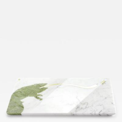  Barberini Gunnell Centerpiece Platters Serverware White Carrara Marble Green Ming Brass Inlay