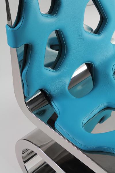 Barberini Gunnell Chair or side table in polished stainless steel chrome effect and blue leather