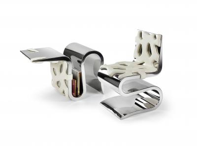 Barberini Gunnell Chair or side table in polished stainless steel chrome effect white leather