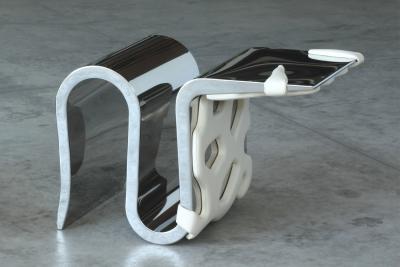 Barberini Gunnell Chair or side table in polished stainless steel chrome effect white leather