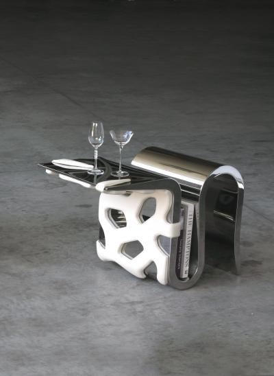 Barberini Gunnell Chair or side table in polished stainless steel chrome effect white leather