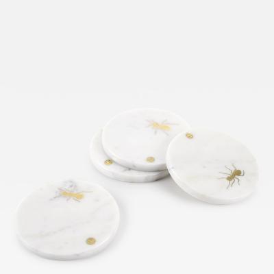  Barberini Gunnell Coasters Barware Cocktail White Carrara Marble Brass Inlay Ants Collectible