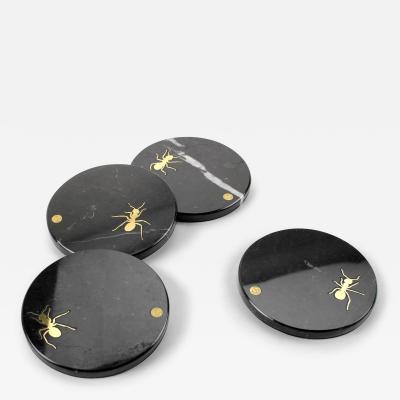  Barberini Gunnell Coasters Cocktail Barware Black Marquina Marble Ants Brass Inlay Collectible