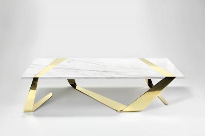  Barberini Gunnell Coffee table in polished brass gold chrome effect top in white marble Italy