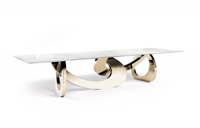  Barberini Gunnell Dining Table Sculptural 24 Kt Gold Mirror Steel Base White Carrara Marble Top