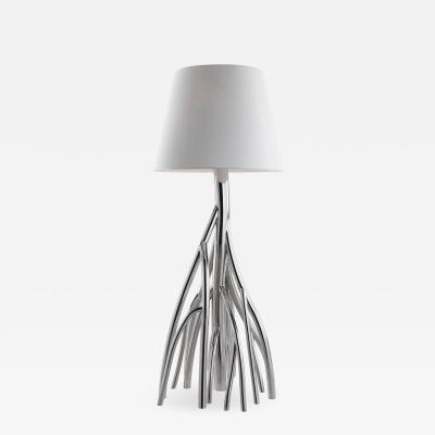  Barberini Gunnell Floor lamp in polished stainless steel chrome effect lampshade in white linen