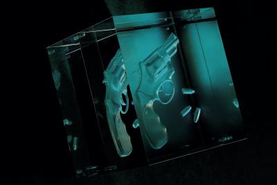  Barberini Gunnell Lamp in acrylic trasparent glass black leather base gun engraved inside