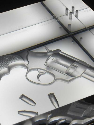  Barberini Gunnell Lamp in acrylic trasparent glass black leather base gun engraved inside