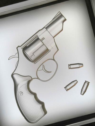  Barberini Gunnell Lamp in acrylic trasparent glass black leather base gun engraved inside