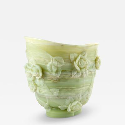  Barberini Gunnell Majestic Green Onyx Sculpture Vase Subjects Roses Leaves Hand Carved in Italy