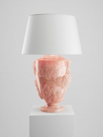 Barberini Gunnell Rose Sculpture Table Lamp 13 Roses Hand Carved Pink Onyx Block Linen Lampshade
