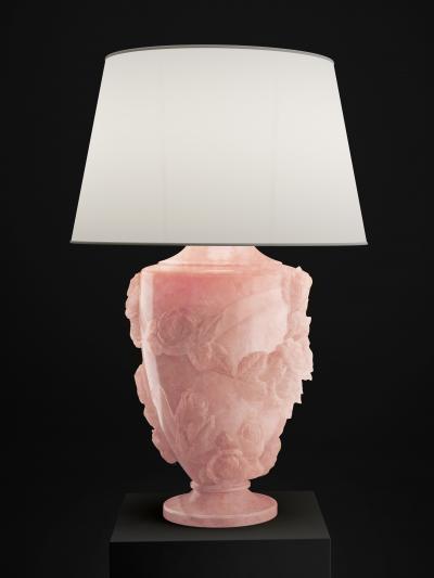 Barberini Gunnell Rose Sculpture Table Lamp 13 Roses Hand Carved Pink Onyx Block Linen Lampshade