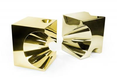 Barberini Gunnell Side table or stool square cubic in stainless steel gold chrome effect