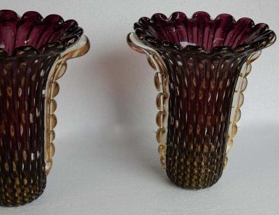  Barovier Toso 1970 Pair of Vases Murano Crystal Violine and Gold Signed Toso Murano