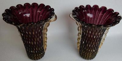  Barovier Toso 1970 Pair of Vases Murano Crystal Violine and Gold Signed Toso Murano