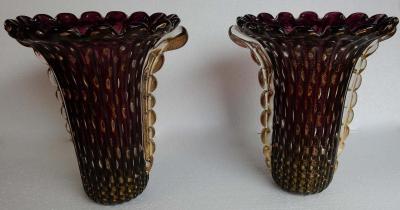  Barovier Toso 1970 Pair of Vases Murano Crystal Violine and Gold Signed Toso Murano