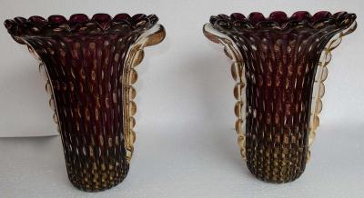  Barovier Toso 1970 Pair of Vases Murano Crystal Violine and Gold Signed Toso Murano