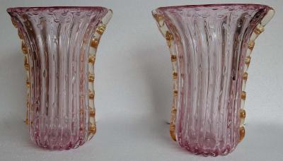  Barovier Toso 1970 Pair of Vases Or Similar Murano Crystal Pink and Gold Signed Toso