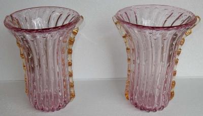  Barovier Toso 1970 Pair of Vases Or Similar Murano Crystal Pink and Gold Signed Toso
