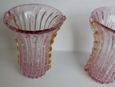  Barovier Toso 1970 Pair of Vases Or Similar Murano Crystal Pink and Gold Signed Toso