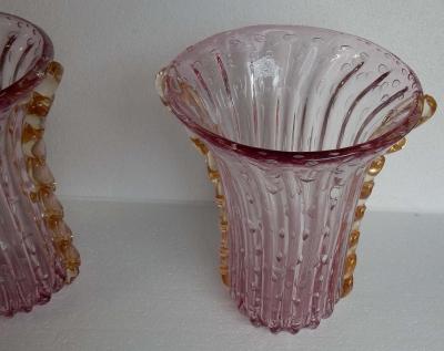  Barovier Toso 1970 Pair of Vases Or Similar Murano Crystal Pink and Gold Signed Toso