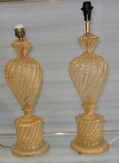  Barovier Toso 1970s Pair or Similar of Barovier y Toso Lamps with Gold Paillons Murano Crystal