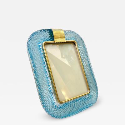  Barovier Toso 2000s Italian Vintage Aquamarine Blue Twisted Murano Glass Brass Picture Frame