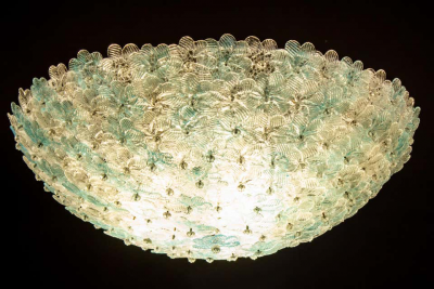 Barovier Toso Aquamarine and Ice Murano Glass Flowers Basket Ceiling Light by Barovier Toso