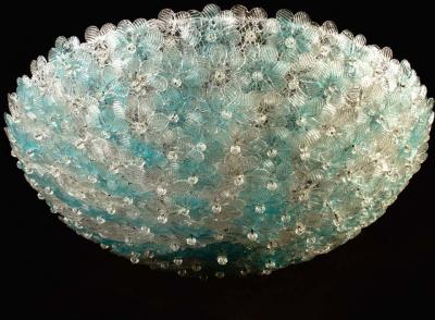 Barovier Toso Aquamarine and Ice Murano Glass Flowers Basket Ceiling Light by Barovier Toso
