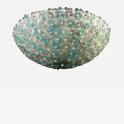  Barovier Toso Aquamarine and Ice Murano Glass Flowers Basket Ceiling Light by Barovier Toso
