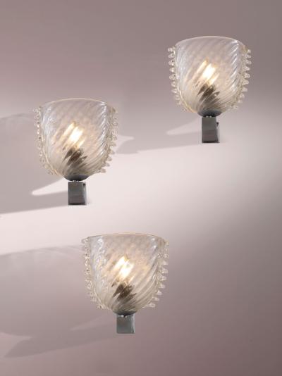  Barovier Toso Barovier Toso set of 3 glass and nickel plated brass wall lights Italy 1940s