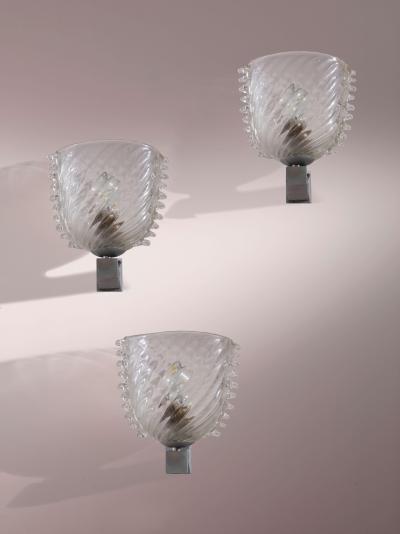  Barovier Toso Barovier Toso set of 3 glass and nickel plated brass wall lights Italy 1940s